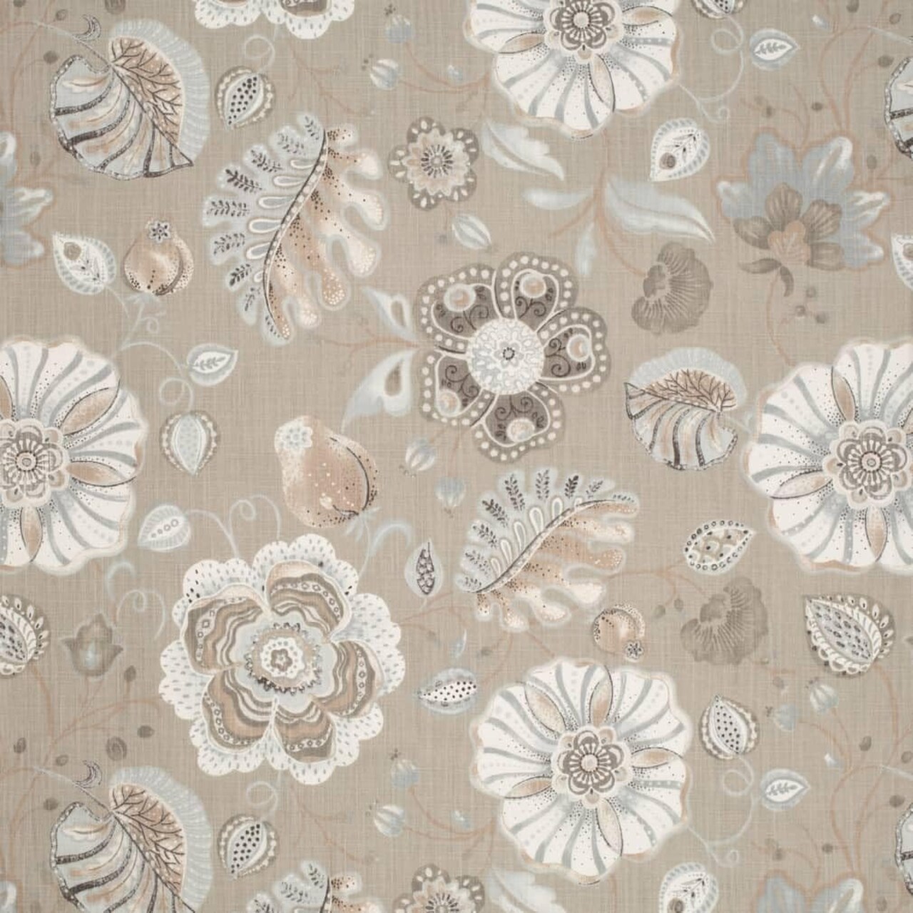 Natural Brown Floral Linen Look Print Upholstery Fabric by The Yard - SKU: Blaine Mushroom